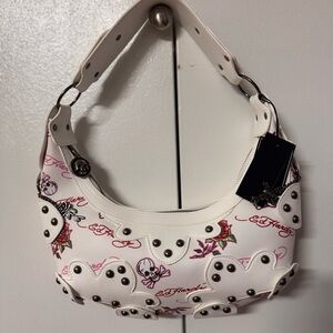 Ed Hardy White Shoulder Bag with Pink and Red Tattoo Graphics